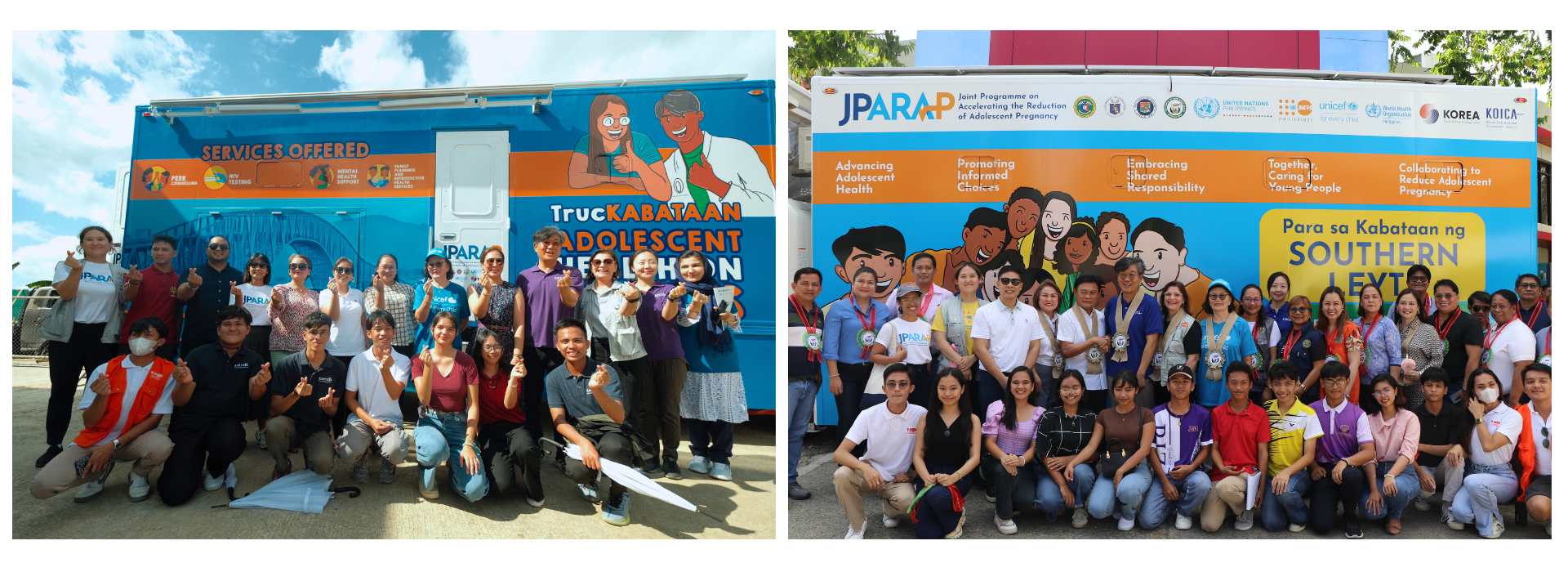 The Joint Programme on Accelerating the Reduction of Adolescent Pregnancy (JPARAP) turns over the TrucKABATAAN to the local governments of Western Samar (left) and Southern Leyte (right) this week. Attending the event were representatives of UN Philippines, UNFPA, UNICEF, WHO, KOICA and the provincial government, including KOICA Country Director KIM Eunsub, UNFPA Philippines Country Representative Dr. Leila Joudane, UNICEF Representative to the Philippines Oyunsaikhan Dendevnorov, Western Samar Governor Sharee Ann Tan, Southern Leyte Governor Damian Mercado, Southern Leyte Vice Governor Rosa Emilia Mercado, local youth and the local medical teams.  Photo courtesy of: (left) UNICEF Philippines/Gerard Cayco (right) UNFPA Philippines