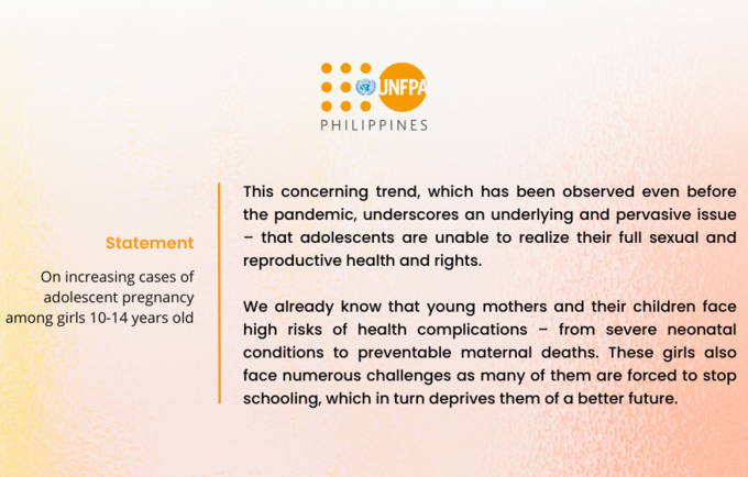 Statement in increased cases of adolescent pregnancy among girls 10-14 years old