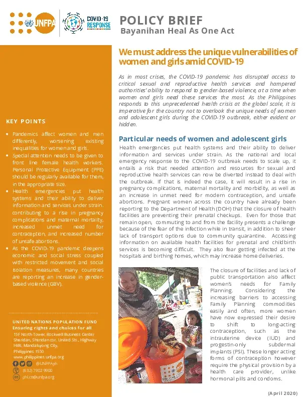 UNFPA Policy Brief: Bayanihan to Heal As One Act (COVID-19 Response)